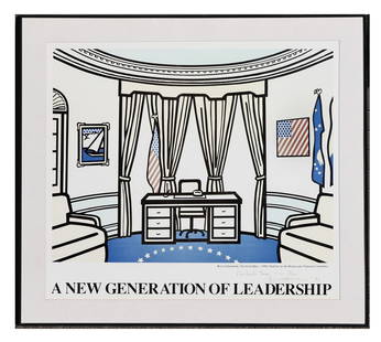 Roy LICHTENSTEIN: Signed Lithograph Poster: Roy Lichtenstein (American, 1923-1997) "The Oval Office: A New Generation of Leadership", 1992, limited edition offset lithograph poster, signed “For Herb Nass / Roy Lichtenstein '92”, matted