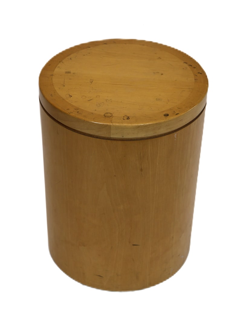 Modern Maple Drum Stool: Modern maple drum stool. [16" H x 12" Diam.]. Bears scuffs and stains.