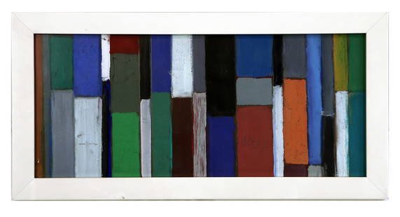 Pat LIPSKY: Abstract Geometric, Oil on Board: Pat Lipsky (American, b. 1941) oil on board abstract minimalist geometric color study, inscribed "grey"; contained under plexi in a white painted wood frame. [Sight: 5 5/8" H x 12 7/8" W; Frame: 7