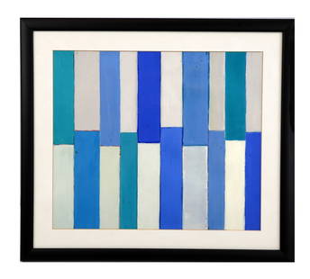 Pat LIPSKY: Abstract Geometric, Oil on Board: Pat Lipsky (American, b. 1941) oil on board abstract geometric in tones of green, blue, and white; matted and contained under plexi in a black laminate frame. [Sight: 13" H x 15 1/4" W; Frame: 17 3/4"