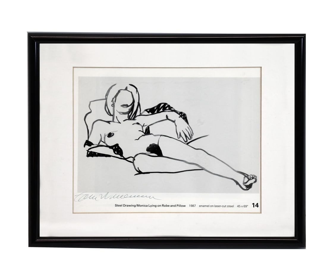 Printed Catalog Sheet Signed by Tom Wesselmann: Printed catalog sheet depicting reclining female nude, signed by Tom Wesselmann (American, 1931-2004); matted and contained under glass in a black laminate frame. [Sight: 8" H x 9 1/2" W; Frame: 11 1/