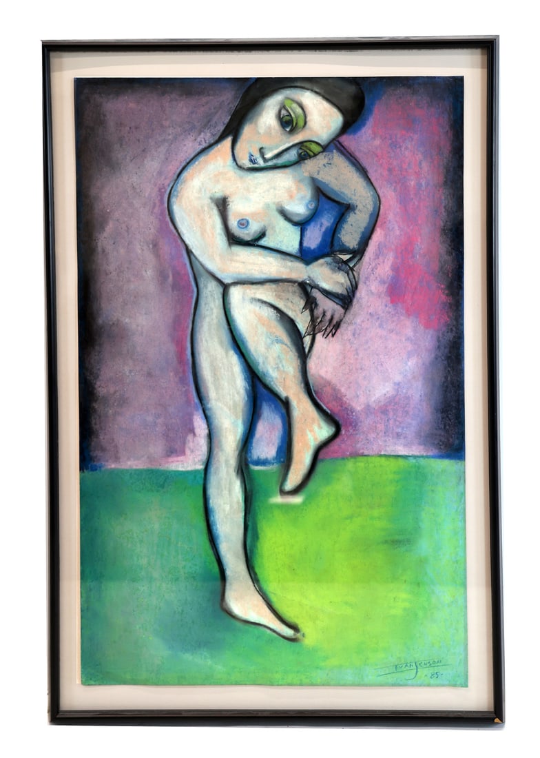 Ivan JENSON: Dancing Female Nude Figure: Ivan Jenson (American, b. 1962) pastel on paper depicting dancing female nude figure, signed and dated lower right, "'85". [Sight: 35" H x 23" W; Frame: 39" H x 28" W]. In good condition.