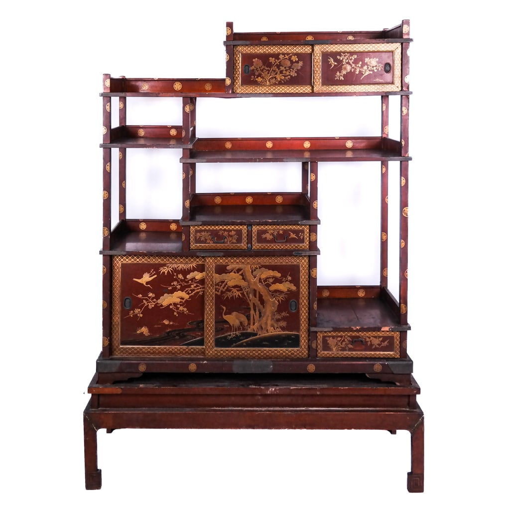 Chinese Open Etagere: Chinese open etagere with multiple tiers with two sections, having sliding doors and two drawers, all on one fitted stand, painted and gilt all over. Provenance: Estate of Frank Mason, Broome Street P