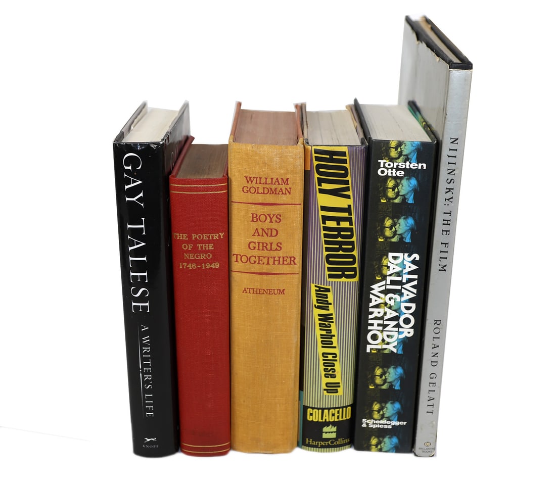 Six Books on Various Subjects: Six books on various subjects, including Andy Warhol, Salvador Dali, Nijinsky the Film, Langston Hughes poetry and others. [Largest: 12" x 12"].