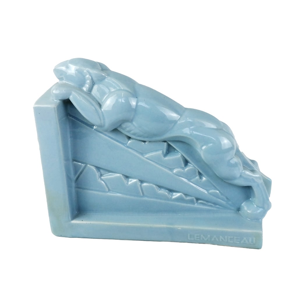 Charles Lemanceau Art Deco Bookend: Glazed porcelain cat/feline-form Art Deco bookend. [8" H x 10" W].
