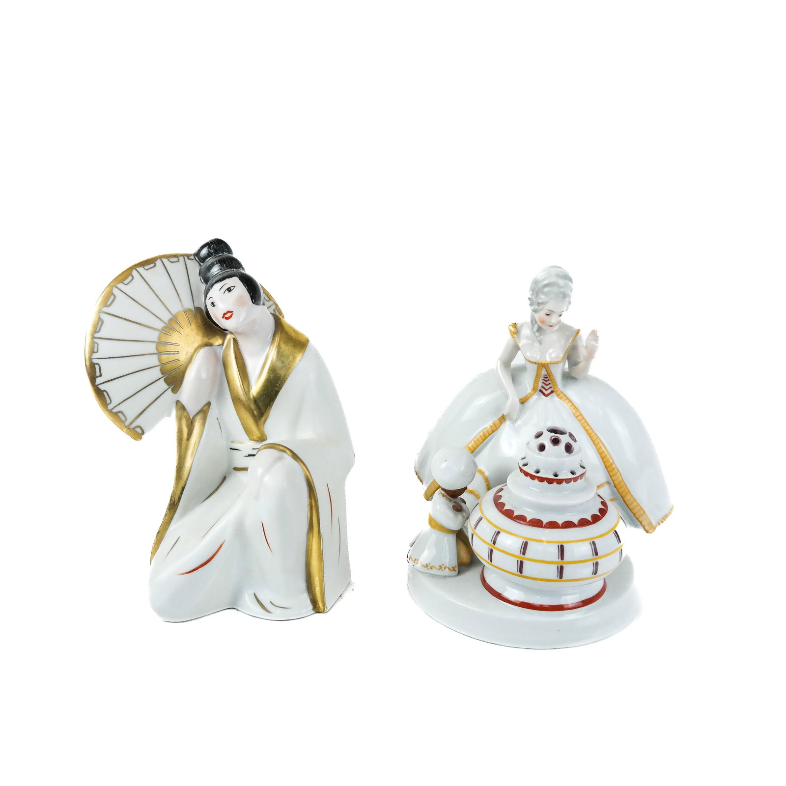 Two French Art Deco Porcelain Groups: Two (2) French Art Deco porcelain groups, comprisiing "Aladdin" by Heubach [women and Aladdin: 7 1/2" H] and an Asian woman, by Rumond, Limoges [8" H].