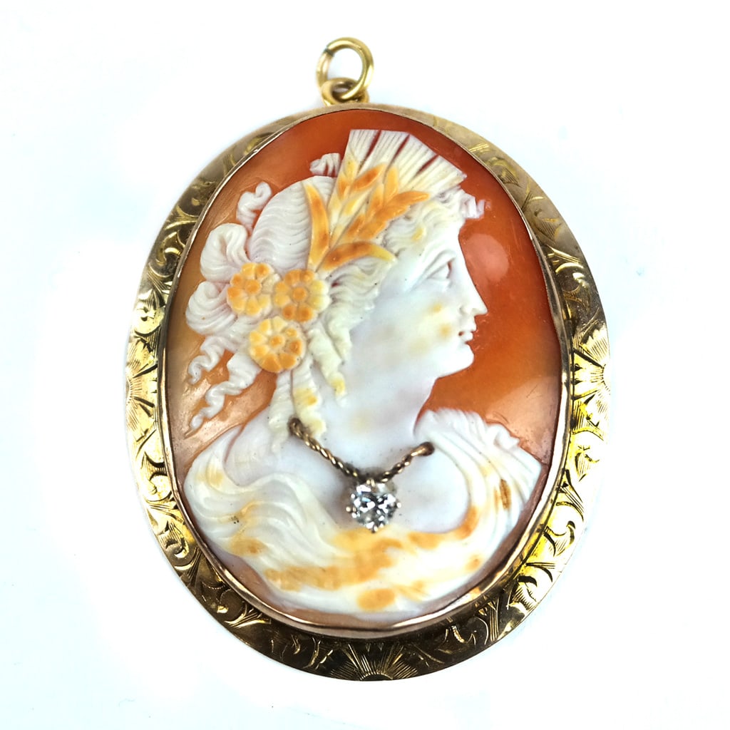14K Gold & Diamond Shell Cameo Pin/Pendant (1 of 8)