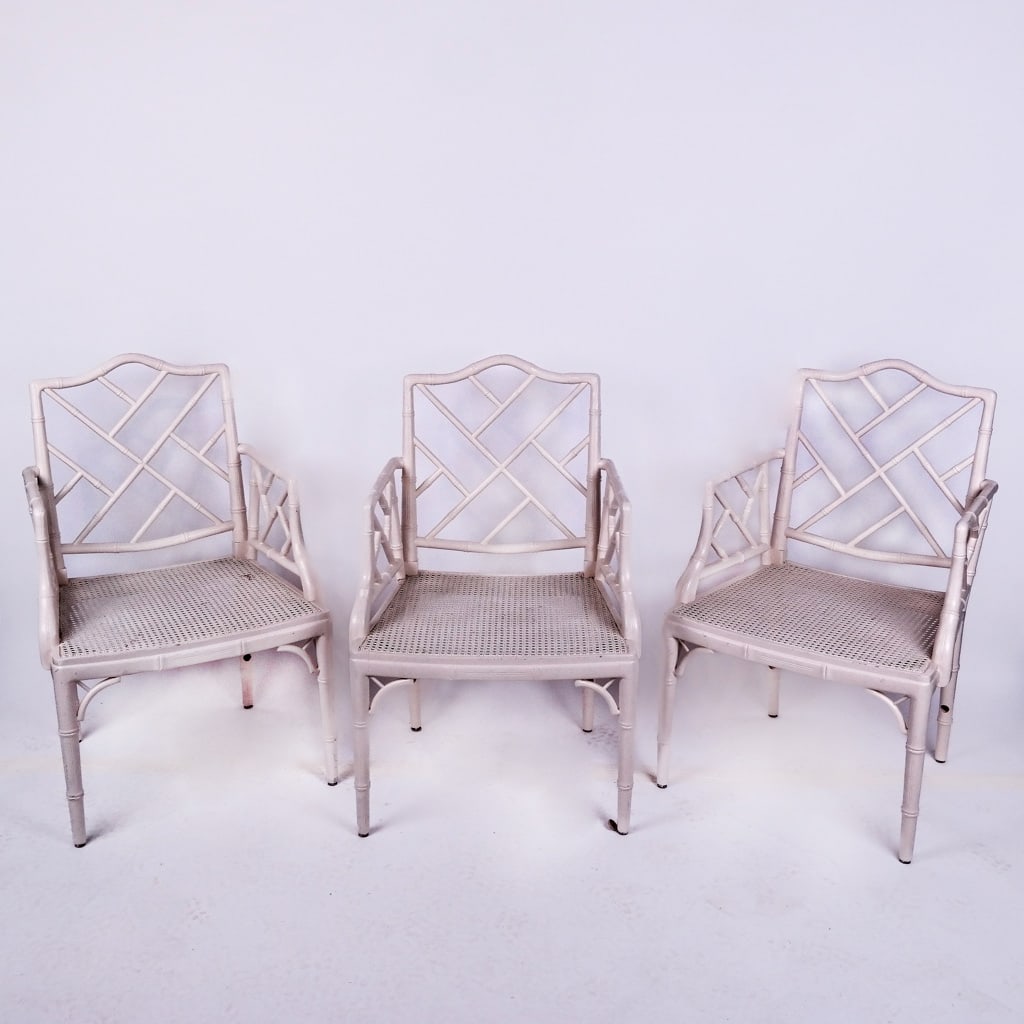 Three Faux Bamboo White Armchairs: Three (3) faux bamboo white armchairs. [36 1/2" H x 23" W x 19" D; 16 1/2" H to seats]. All missing stretchers.