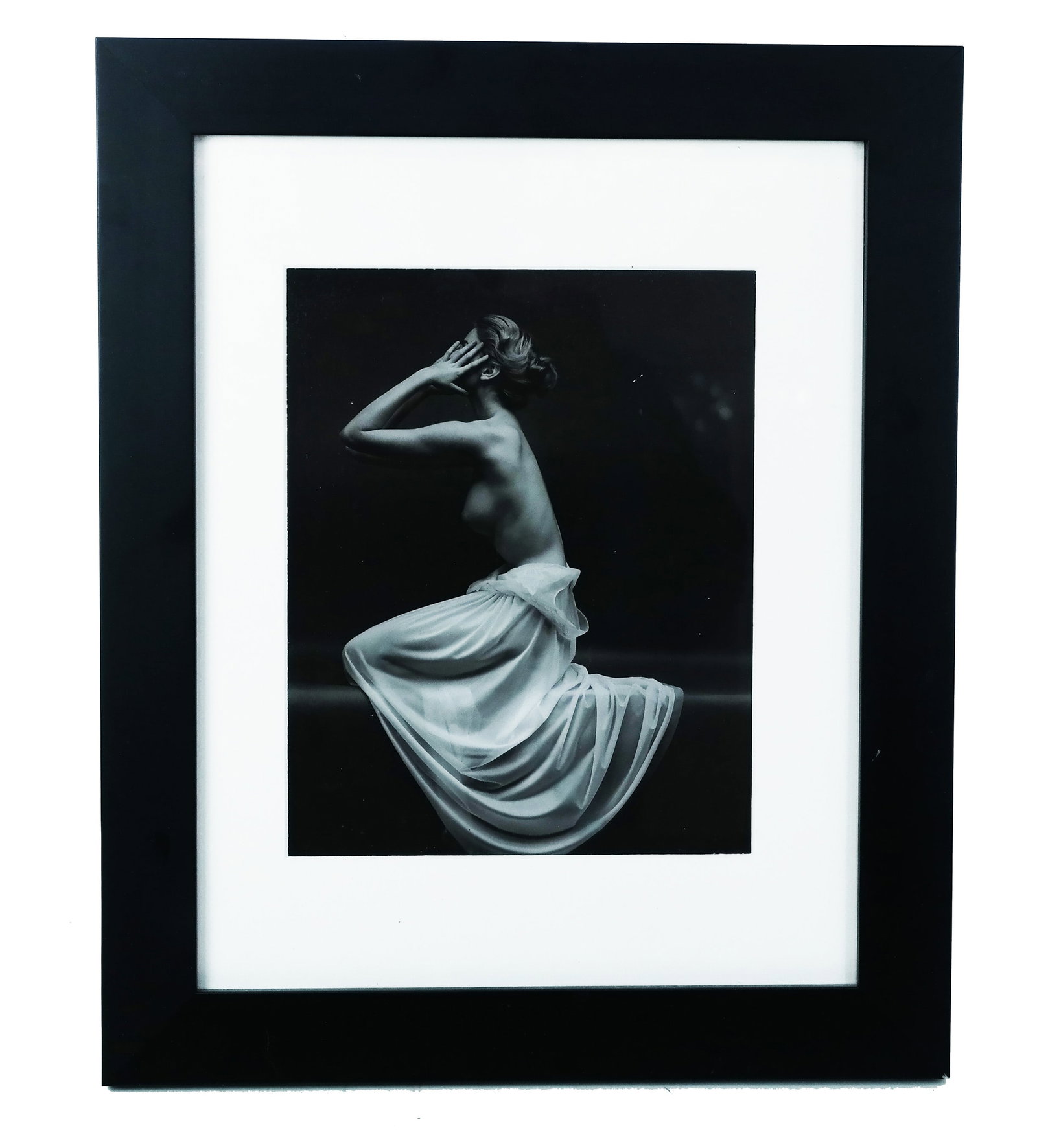 Mark SHAW: Vanity Fair Nude Side...- Photograph: Vintage photographic print on card stock, unsigned. Mark Shaw styled this image for a 1955 Vanity Fair lingerie ad campaign. Matted under glass in a black wood frame. [Overall: 13 1/2" H x 10 1/2" W].