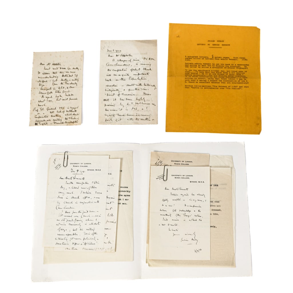 Julian Huxley: Six Hand-Written Letters: Six hand-written letters circa 1920s, from Julian Huxley, biologist and first Director of UNESCO and brother of British author Aldous Huxley, addressed to Mr. Appleton and Arnold Bennett; some with tr