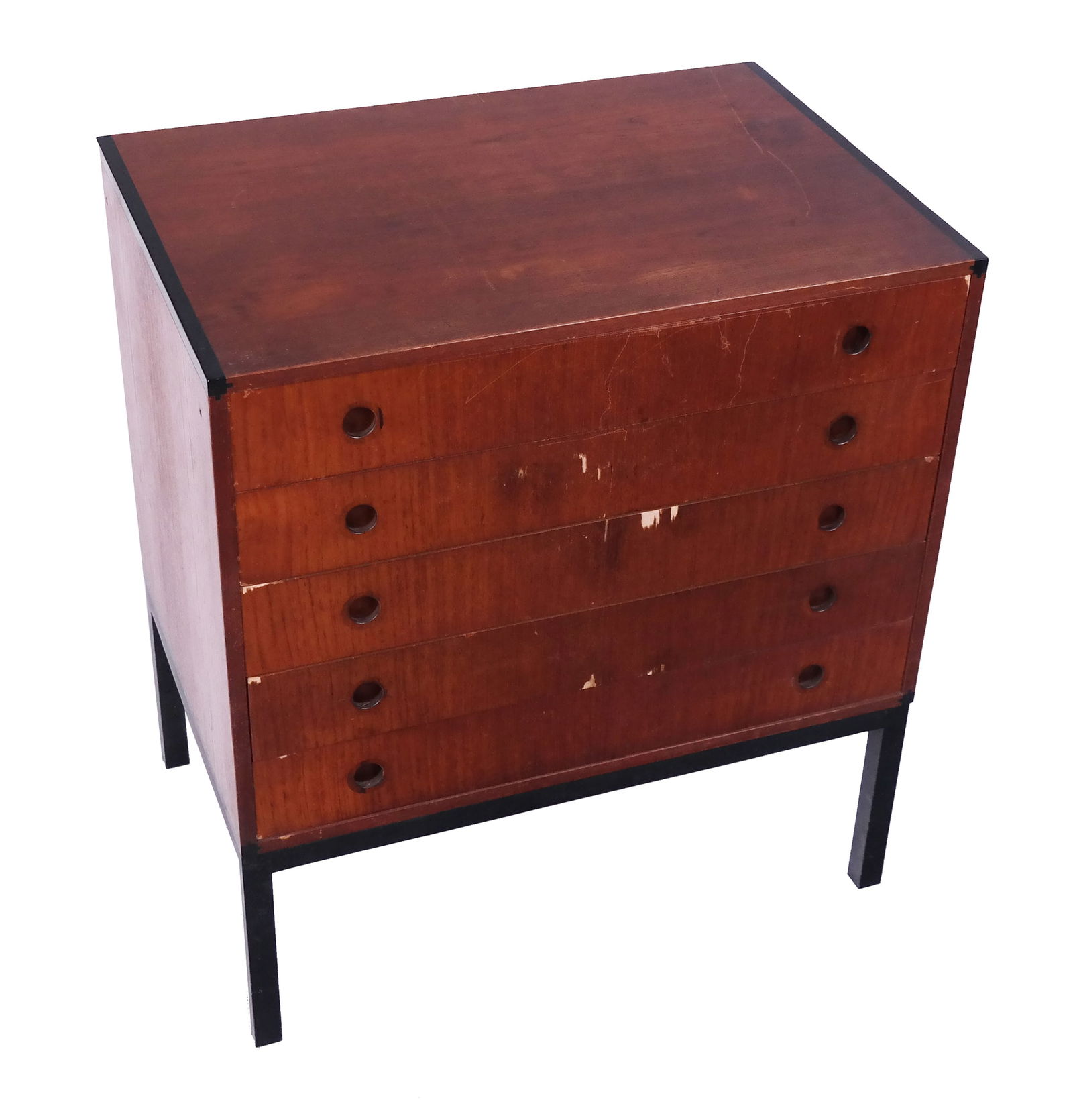 Mid Century Teak Nighttable Cabinet: Mid Century teak nighttable cabinet in the Danish style, having five long drawers. [27 1/2" H x 25 1/4" W x 17 1/2" D]. Chips and losses to veneers, scuffs, fading, wear to case and frame.