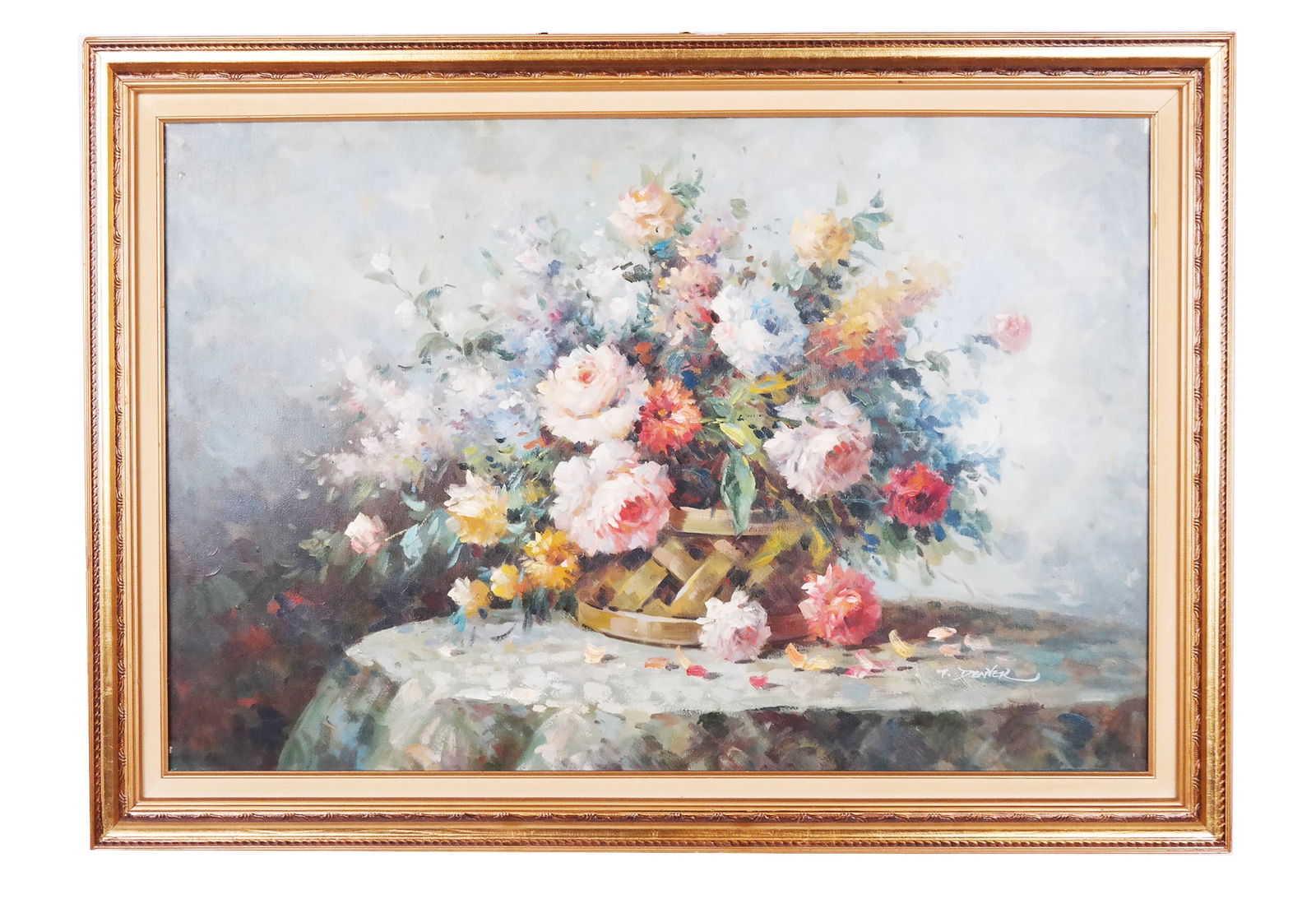 Signed T. DENVER: Impressionist Floral Painting: Impressionist still life with flowers in a basket. Oil on canvas. Signed, lower right. [Sight: 23 1/2 x 35 1/2 inches; Frame: 30 x 41 3/4 inches].
