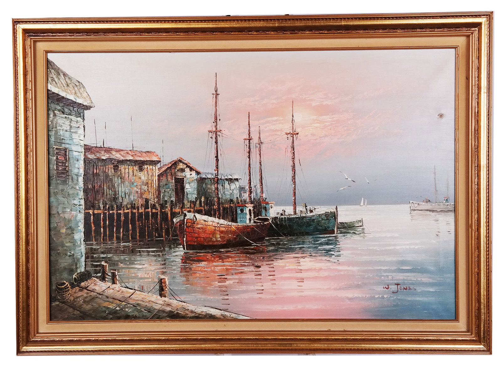 Signed W. JONES: Impressionist Boats at Dock: Impressionist nautical/maritime harbor scene oil on canvas depicting fishing boats at dock. Signed, lower right. [Sight: 23 1/2 x 35 1/2 inches; Frame: 30 x 41 3/4 inches]. Punctures and deep abrasion
