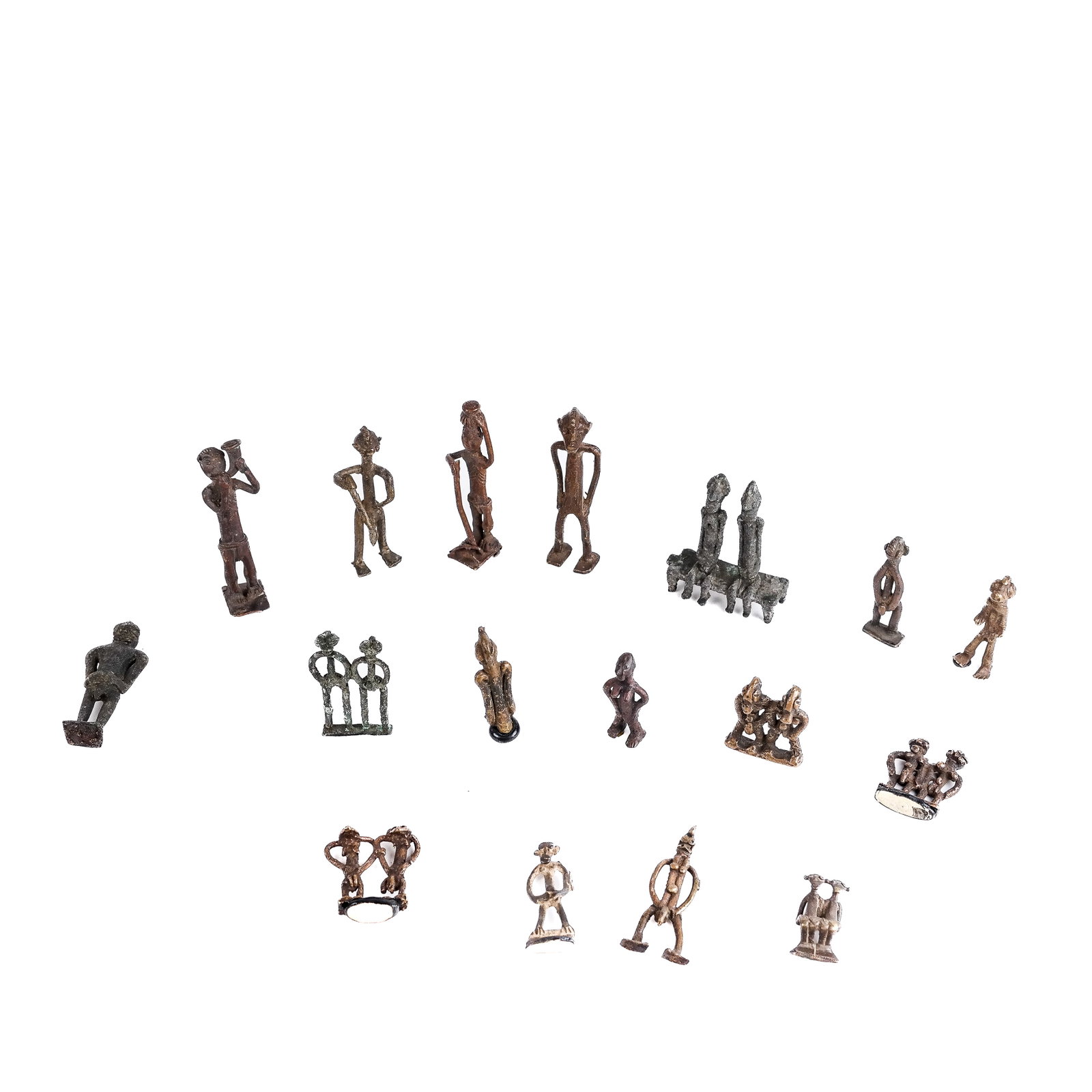 Group of 17 Small Antique Bronze Sculptures: Group of seventeen (17) small antique bronze sculptures, most West African, late 19th - early 20th century, probably Ashanti and Bambara peoples, modeled as standing figures, mostly nude. [Tallest: 3 