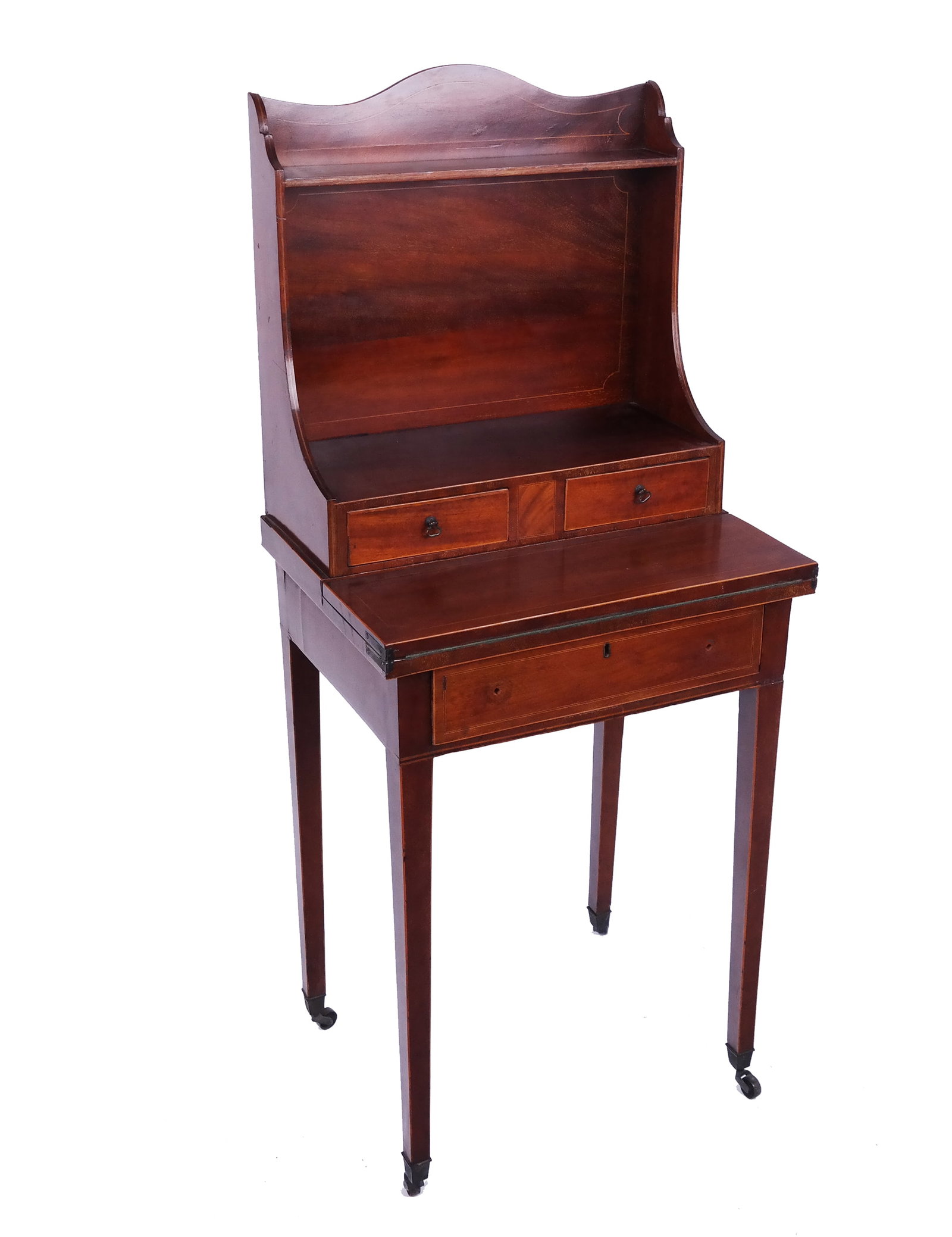 English Etagere-Style Desk: Mahogany etagere with a hinged desk top revealing a green felt writing surface and a single drawer. [48" H x 20" W x 15" D; 22 1/2" H to apron].