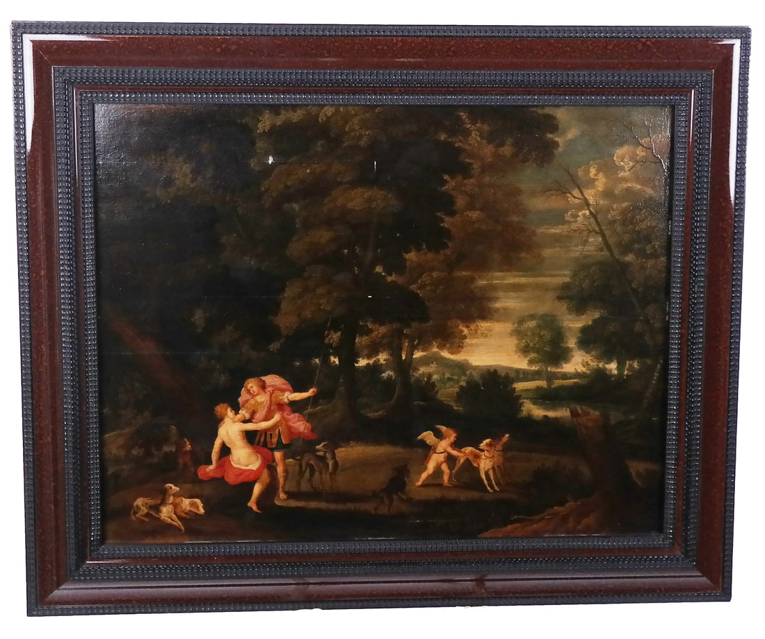 After George TENIERS: Figures in Landscape - Oil on Panel: After George Teniers allegorical framed oil on panel on a later cradle back stretcher, depicting figures frolicking among animals. [Art: 20 1/2" H x 26 1/2" W; Frame: 27" H x 33" W]. Paint loss upper 