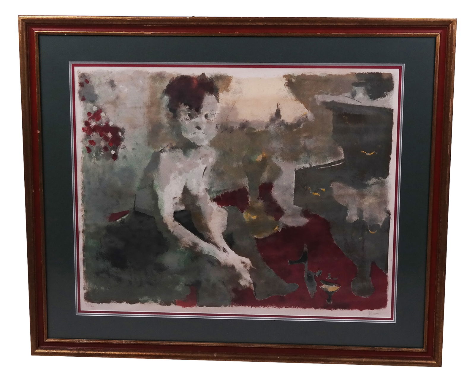 Jack LEVINE: "Blue Angel" - Lithograph: Jack Levine (American, 1915-2010) nicely framed and matted abstract lithograph depicting a seated boy titled "Blue Angel," pencil signed lower right "J. Levine" and numbered lower left, 33/120. [Sight