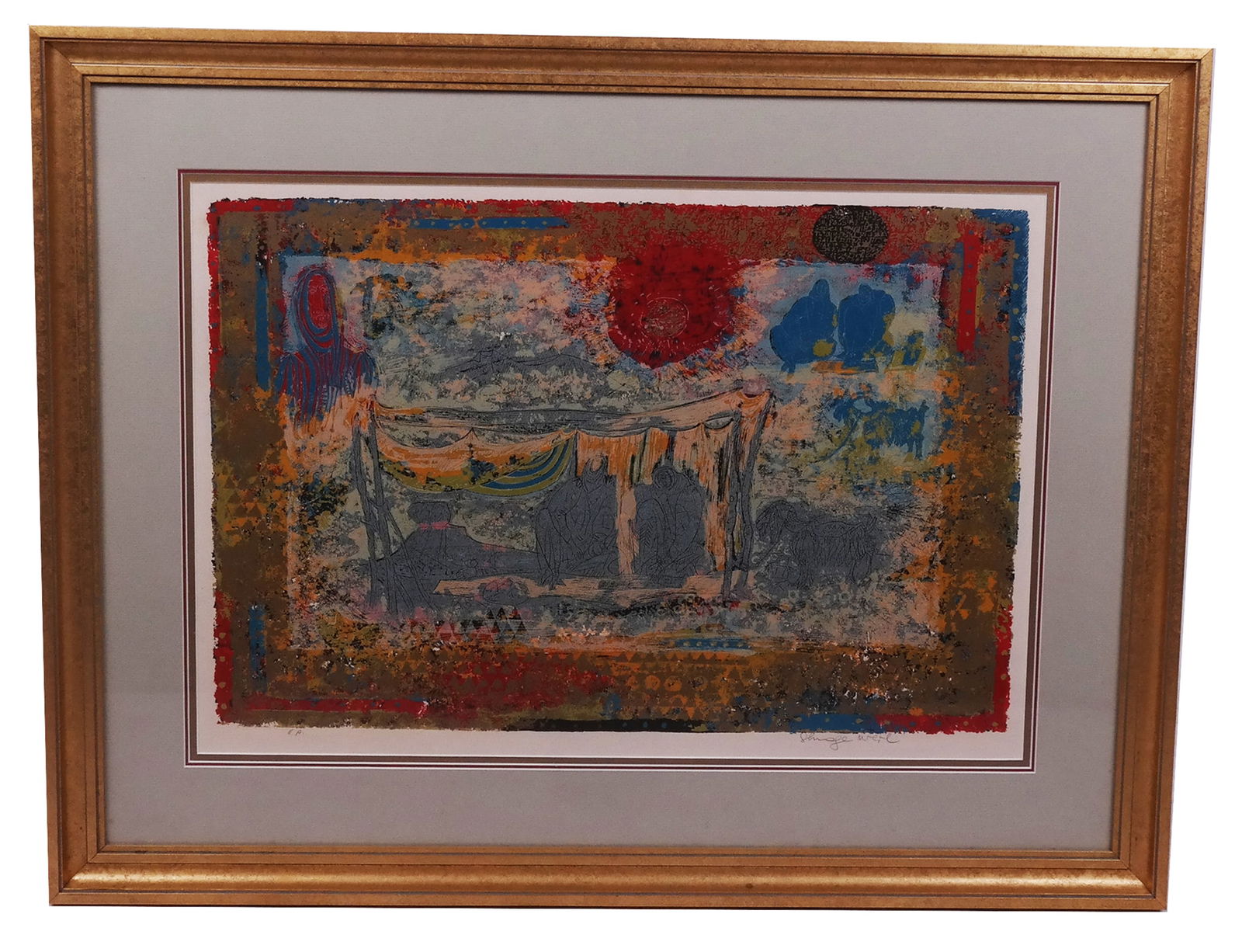 Shraga WEIL: "People of the Scrolls" - Serigraph: Shraga Weil (Israeli, 1918-2009) serigraph depicting a figural scene titled "People of the Scrolls," pencil signed lower right with artists edition lower left, "E.A.". [Sight:17" H x 25" W; Frame: 26"