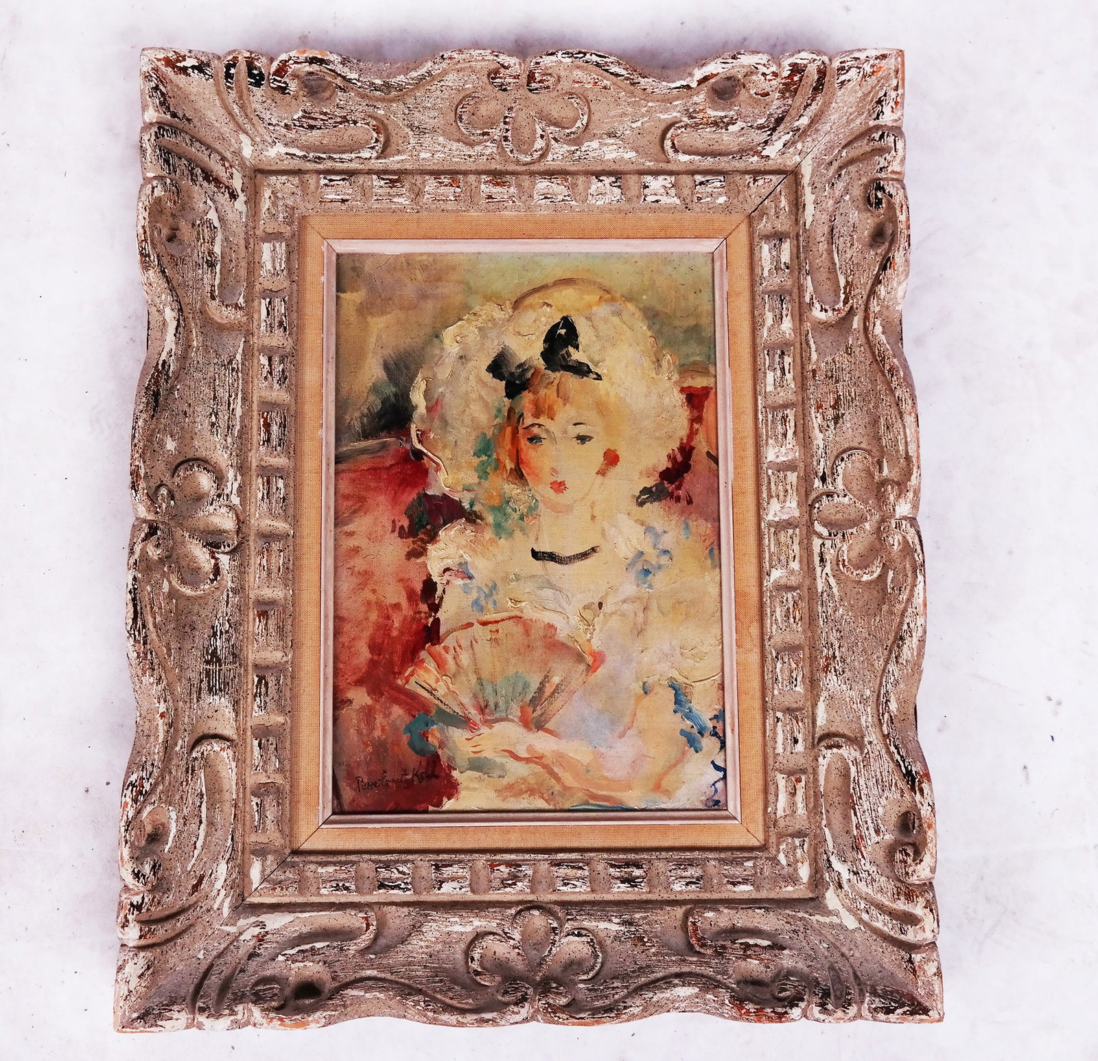 Manner of Pierre-Ernest Kohl: Portrait of a Woman: A framed 19th/20th century oil on canvas painting depicting a portrait of a woman with a fan, signed lower left, "Pierre-Ernest Kohl." [Art: 10" H x 8" W; Frame: 17" H x 14" W]. Minor area of paint lo
