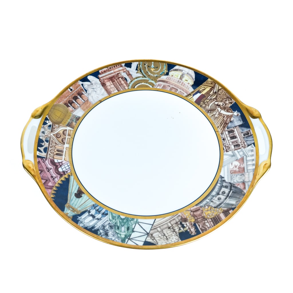 Limoges, France "Metropoles" Charger: Bernardaud Limoges ":teropoles" porcelain round charger/service plate, with handles, with box. [12" Diam.].