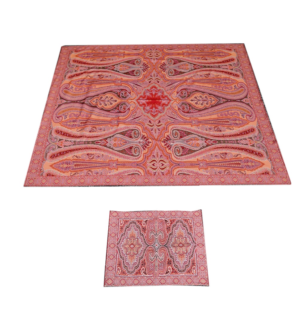 Two Paisley-Style Throws: A bag and a blanket with red center. [Bag: 31" x 25"; Blanket: 8' x 8'4" (96" x 100")].