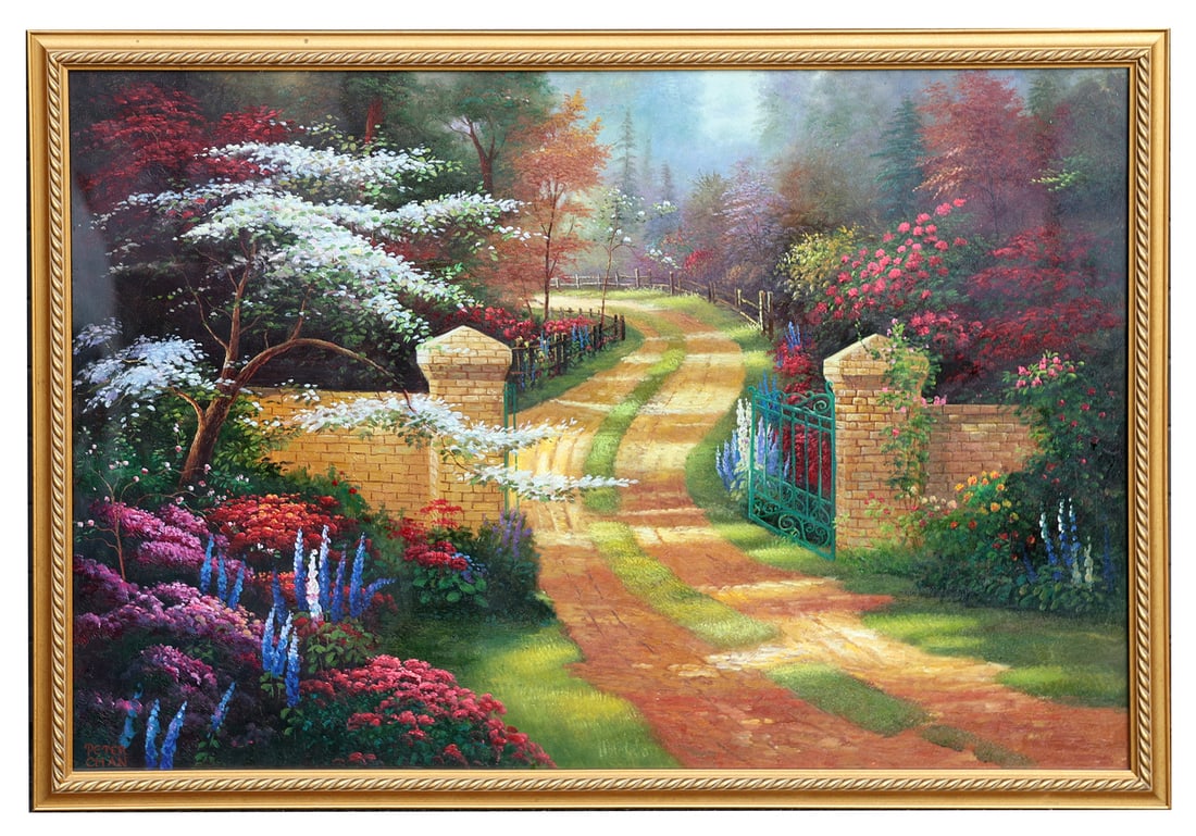 Peter CHAN: Rural Scene - Oil Painting: Peter Chan oil on canvas painting depicting an entry gate with a road and floral, framed under glass, signed lower left. [Art 24" H x 36" W; Frame: 27" H x 39" W].