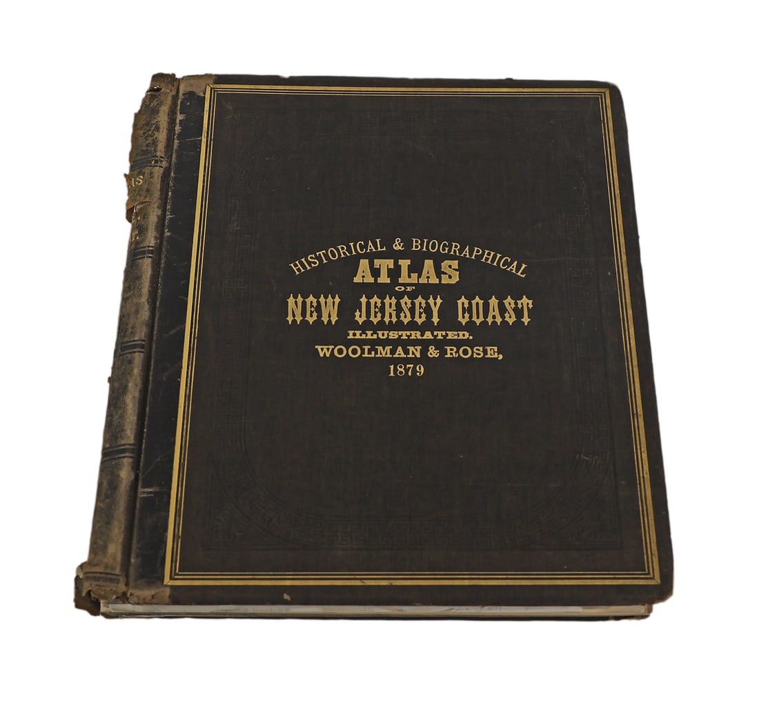 New Jersey Atlas, Circa 1879: "Historical & Biographical Atlas of New Jersey Coast," by Woolman and Rose, 1879, comprising numerous maps and illustrations. Provenance: Phyllis Lucas Gallery, NYC. [14 1/4" H x 12 3/4" W]. Cover and