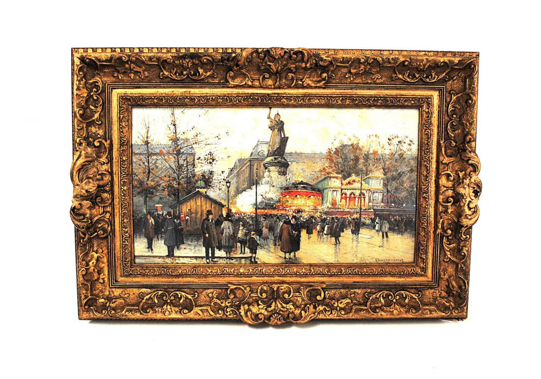 Manner of Edouard Cortes Oil on Board, Paris Scene: Turn of the last century Autumn street scene with figures at carnival. Signed bottom right "Edouard Cortez." Art: 10 1/2" x 19 1/4". Frame: 18 3/8" x 27". Minor soiling and yellowing, otherwise in goo