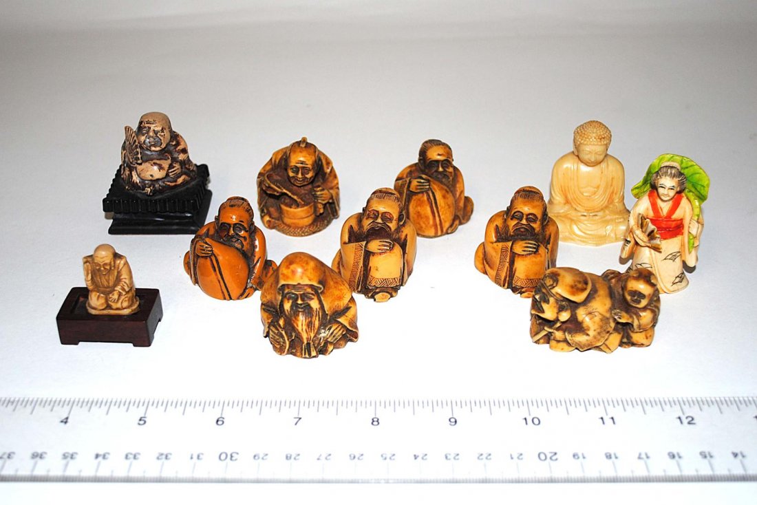 Miniature Figures: Small figures, some in the style of Netsuke. 11 total. All complete. Tallest 2"H.