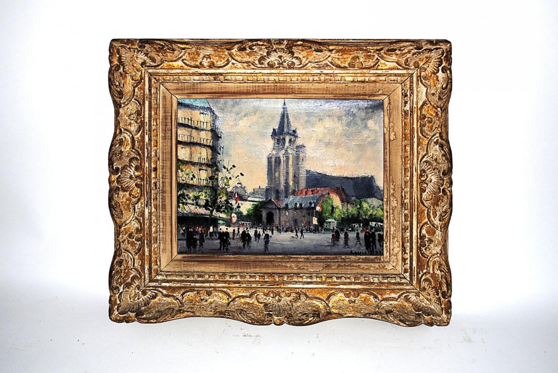 Oil on Canvas, Street Scene: Framed oil on canvas, Paris street scene, signed lower right "Louis Dabi..." Art: 9" x 10".