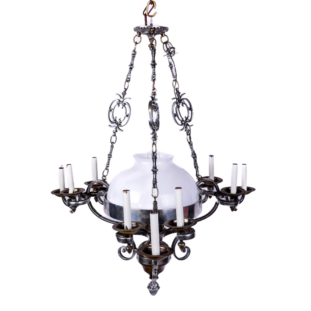 Victorian Pendant 10-Light Chandelier: Victorian pendant 10-light chandelier, late 19th century, with scrolling arms around a dome glass shade. [42" H x 35" Diam.]. Oxidation, marks and wear.