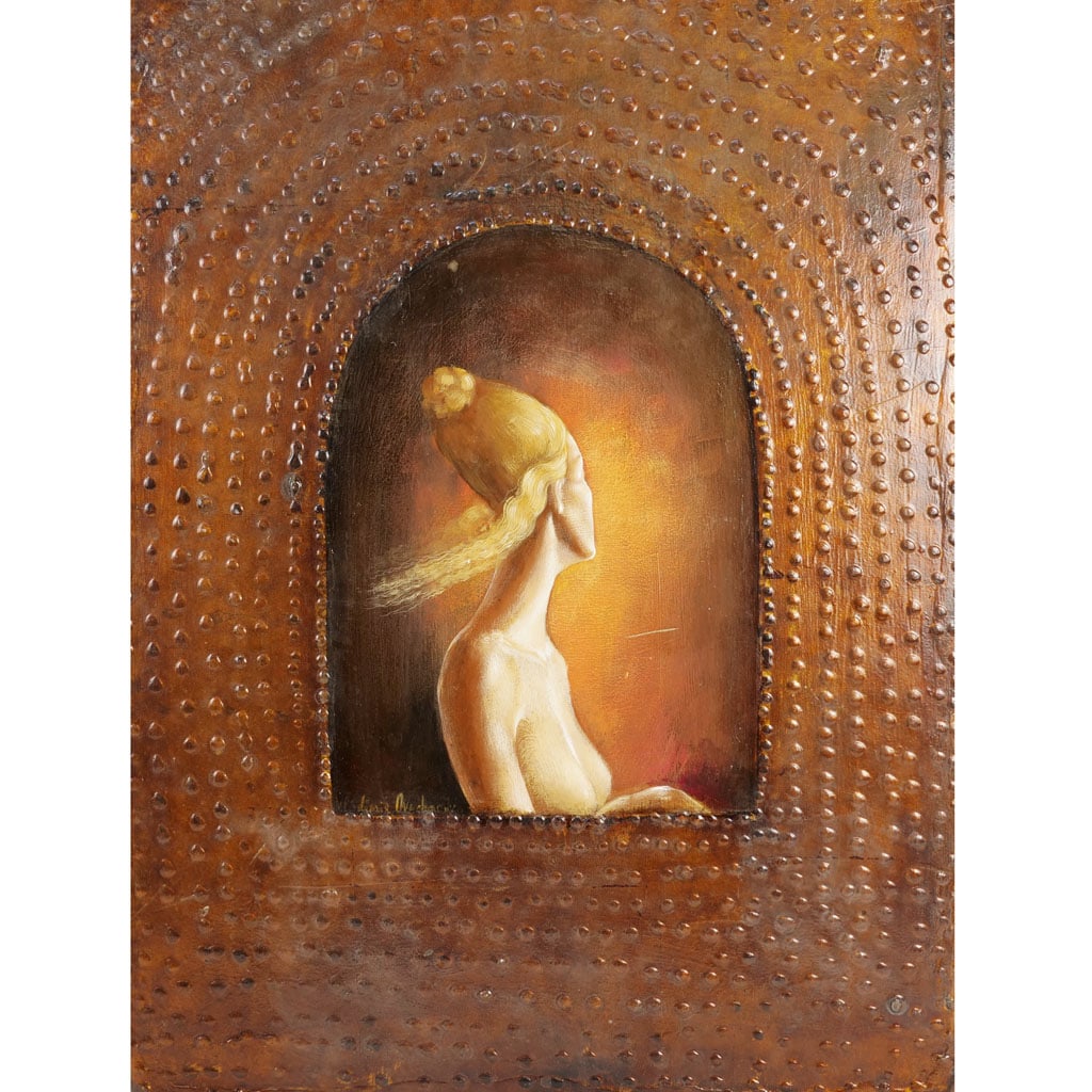 Vladimir OVTCHAROV: Nude Woman - M/M: Vladimir Ovtcharov (Bulgarian-American, b. 1963) mixed media on board of a nude woman with raised boss details, signed with label to verso. Provenance: From the Eileen and Marvin Reingold Collection. 