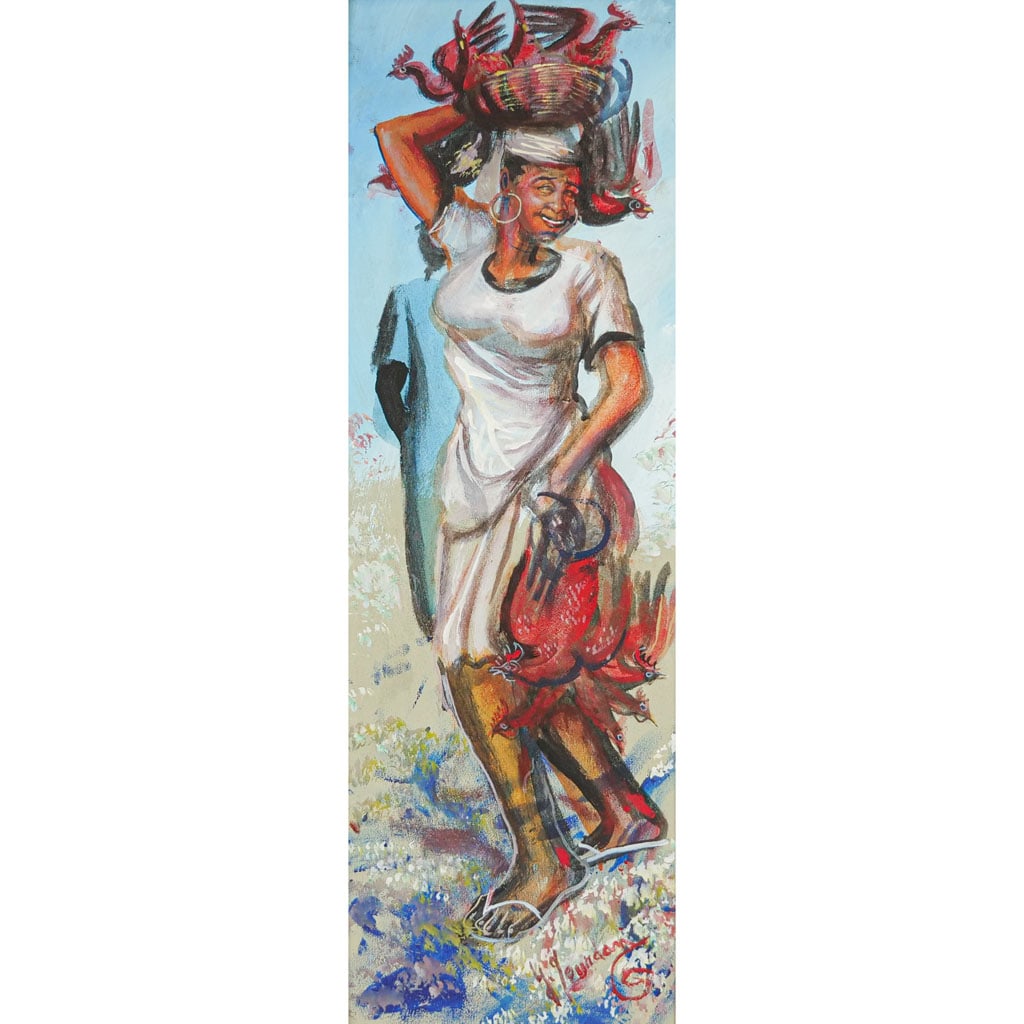 Guy JOURDAN: "La Marchand..." - A/C: Guy Jourdan (Haitian, b. 1955) acrylic on canvas titled "La Marchand de Roq," signed lower right. Provenance: From the Eileen and Marvin Reingold Collection. [Sight: 29" H x 10" W; Frame: 37 1/2" H x 