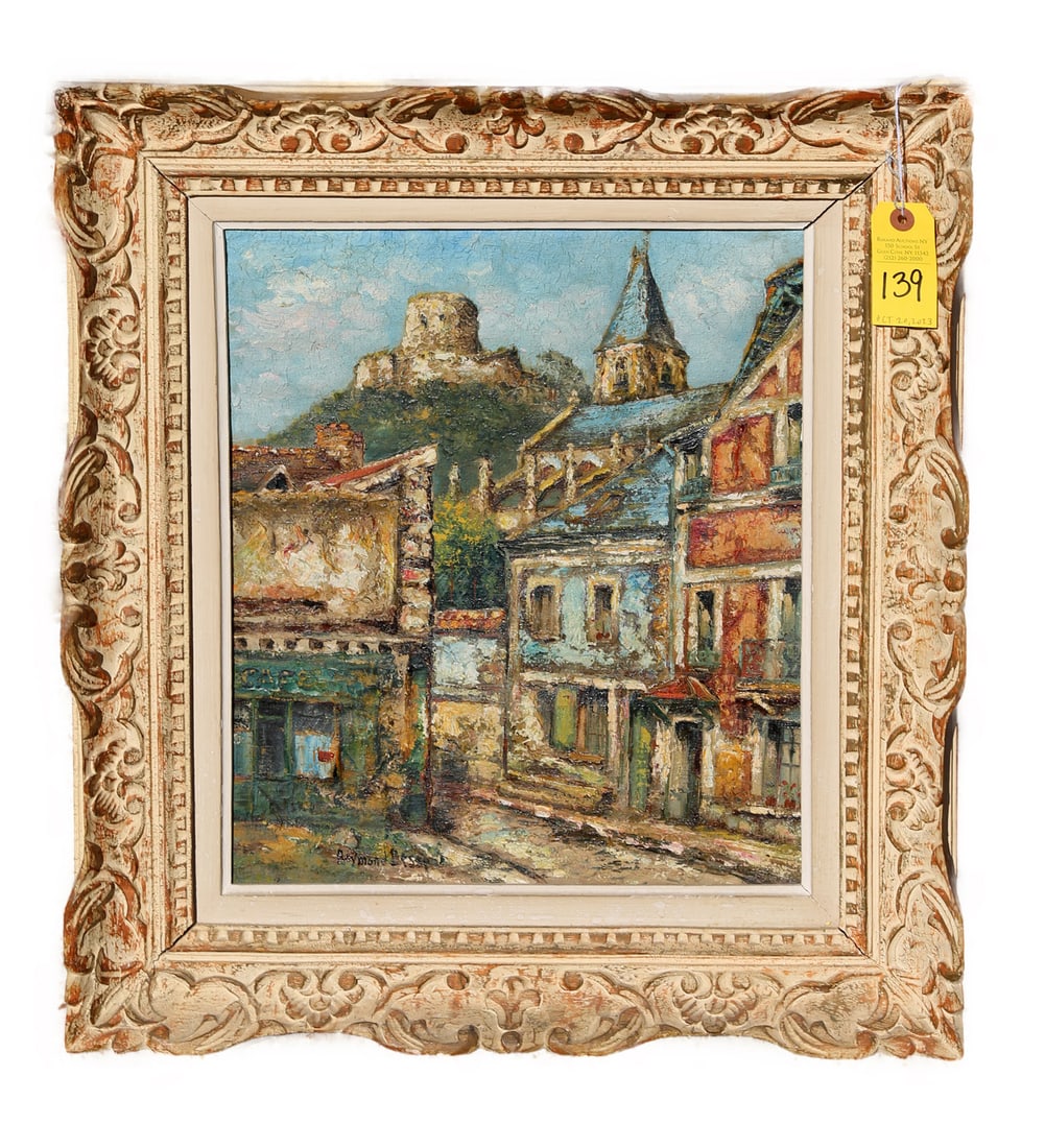 Raymond BESSE: French Street Scene - Oil on Canvas: Raymond Besse (French, 1899-1969) oil on canvas street scene, signed lower left "Raymond Besse" with inscription to verso. In electrified painted and carved frame. [Overall, framed: 26" H x 22 1/2" W]