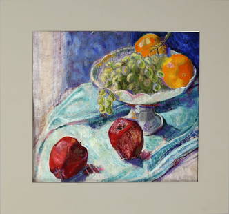 Table Still Life - Oil on Canvas: Unstretched, matted oil on canvas painting of a table still life with fruit, signed illegibly and dated on back. Provenance: Phyllis Lucas Gallery, NYC. [Art: 14" H x 16" W; Mat: 20" H x 22" W].