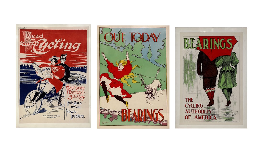 Three Vintage "Cycling"-Related Ads: Three vintage cycling-related ads, after Jos. Mayer and Charles Cox. Provenance: Phyllis Lucas Gallery, NYC. [Largest: 16" H x 11" W].