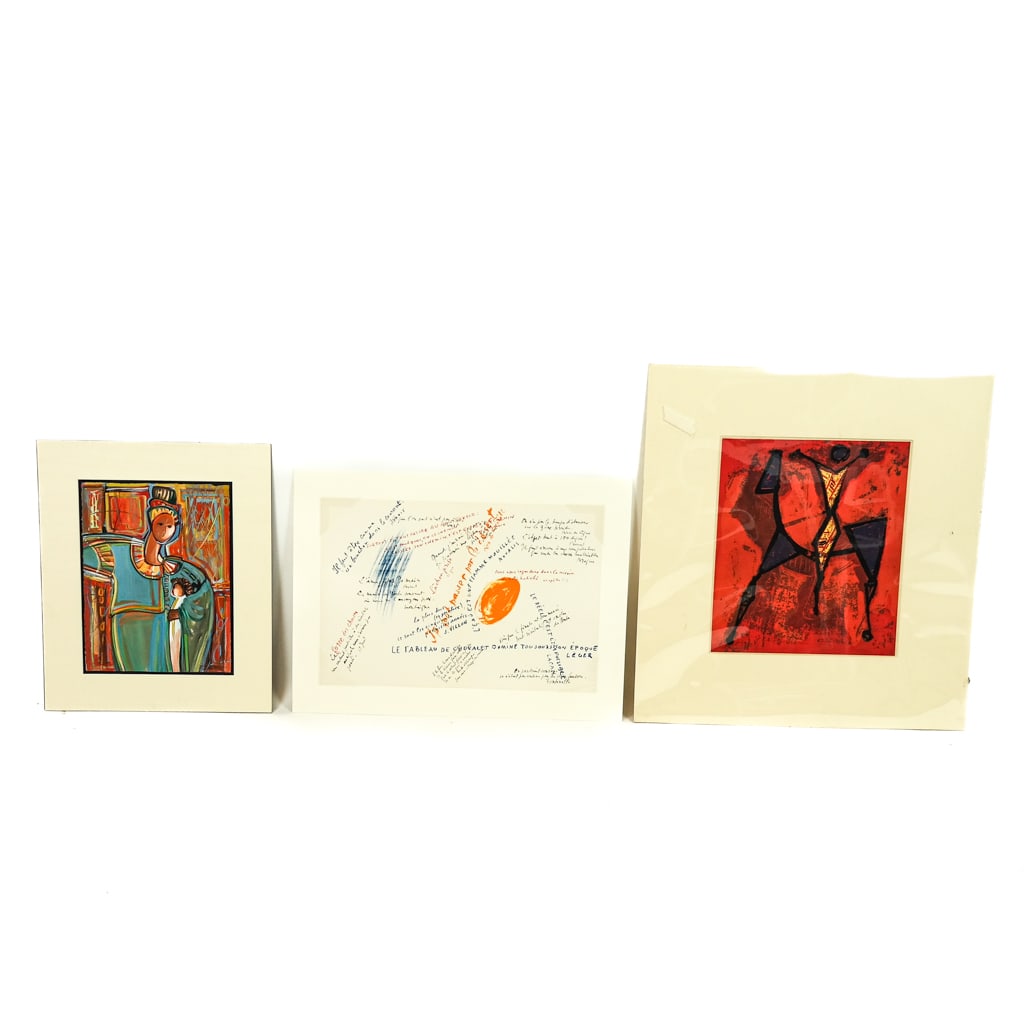 Three Matted Works of Art: Three works of art, matted, including an oil painting by Marilyn Sears Bourbon; an unsigned lithograph after Jean Bazaine, from Maeght, and an unsigned lithograph in red, after Marino Marini. Provenan