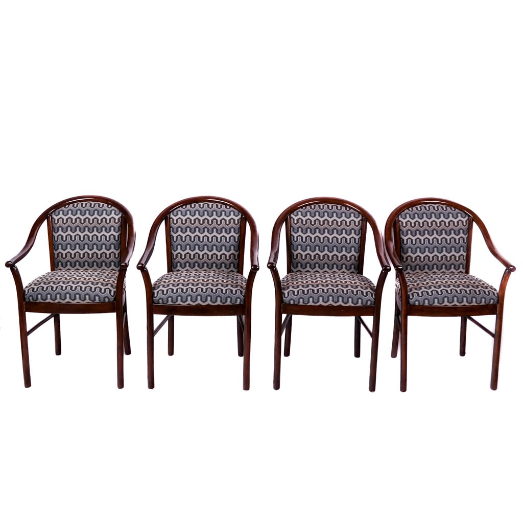 Art Deco-Style Bentwood Armchairs, (4): In the manner of Ward Bennett, with elegant horseshoe backs around geometric motif fabric. Unmarked. [33 1/2 x 22 3/4 x 22 1/4 inches]. In overall good condition aside from light scuff and wear to fra