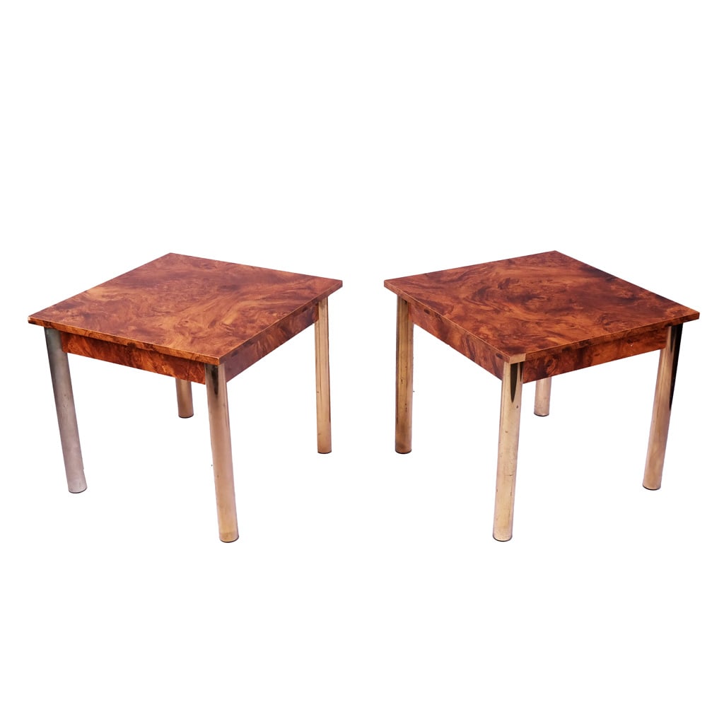 Pair of Modern Burlwood and Chrome End Tables (1 of 7)