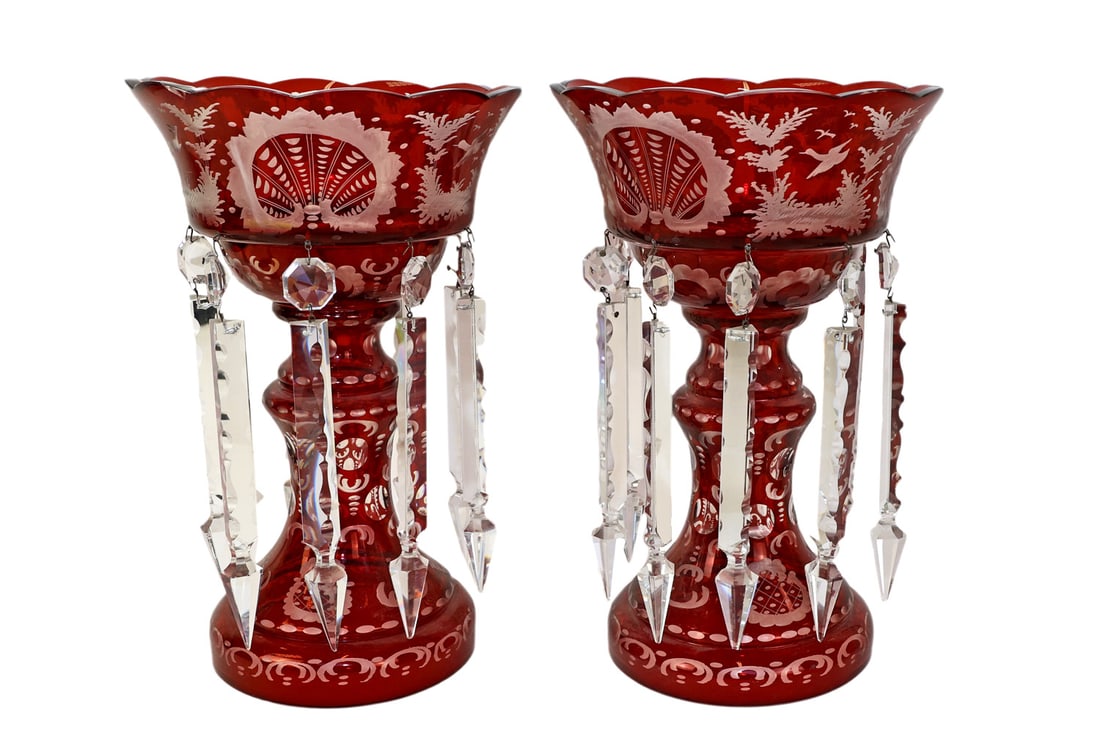Pair of Continental Cut-to-Cranberry Glass Lustres (1 of 5)