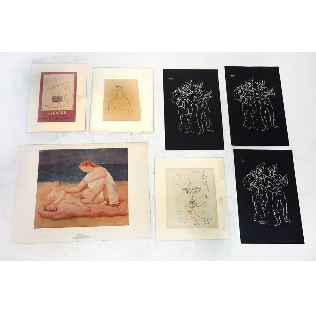 After PICASSO: Five Prints: Three prints after Pablo Picasso, including reproductions of: Tete d'homme barbu (Head of a Bearded Man), Femme nue de dos (Back of a Nude Woman), two copies of "Harlequin and Pierrot," and a poster f