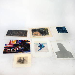 Group of Seven Signed Abstract Artworks on Paper: Group of seven signed artworks on paper, including: an abstract engraving signed in the plate and in pencil to the margin "Bellmer" (Hans Bellmer, German, 1902-1975); a colored abstract print signed i