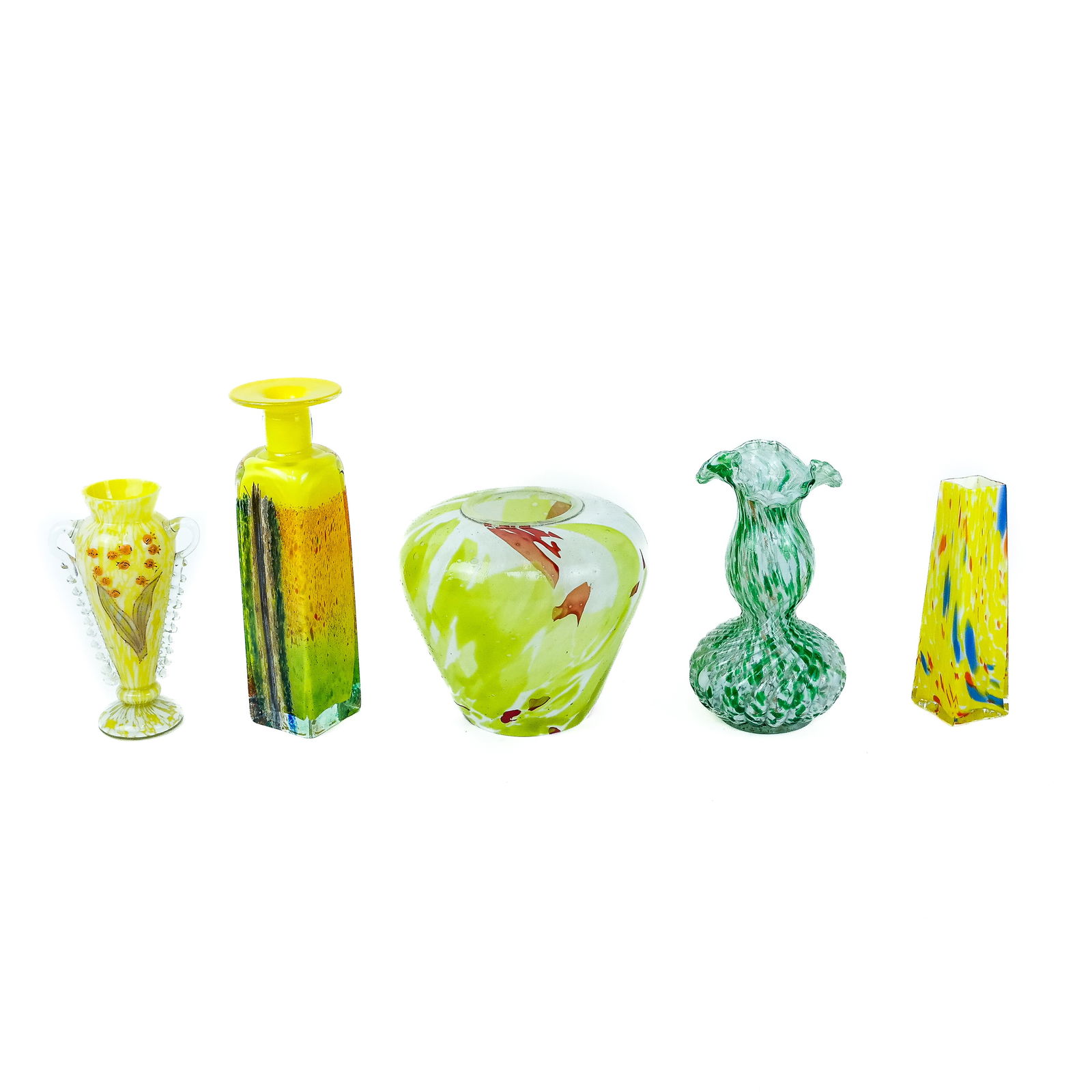 Vintage Art Glass Vessels (5): Five vintage art glass vases, most probably Clichy French or Murano Italian with confetti splatter murine (murrina) details on yellow or green ground, unsigned. [Tallest: 9 1/2" H x 3" Diam.].