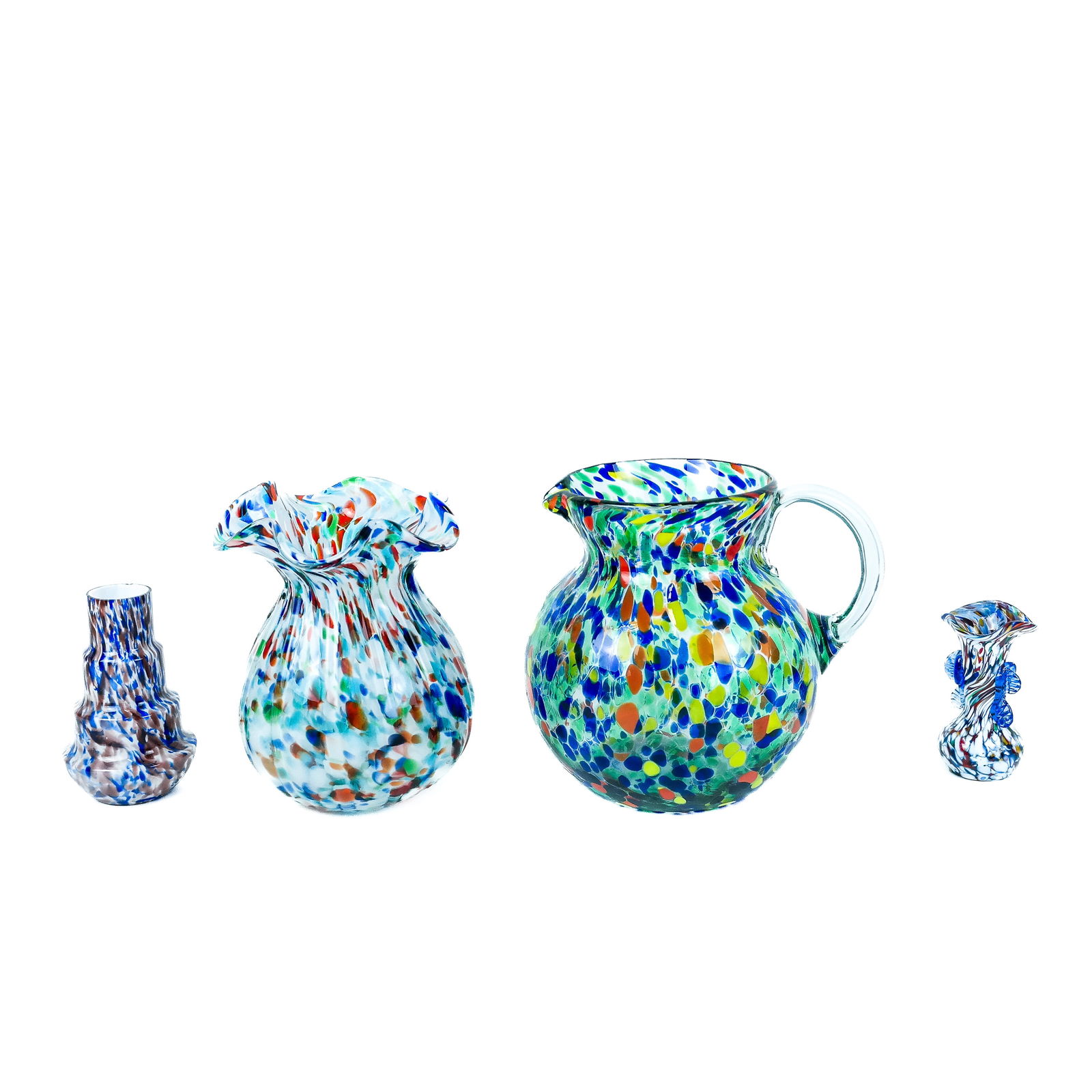 Vintage Art Glass Vessels (4): Four vintage art glass pitcher and vases, mid-20th century, most probably Clichy French or Murano Italian with confetti splatter murine (murrina) details on blue ground, unsigned. [Largest: 7 3/4" H x