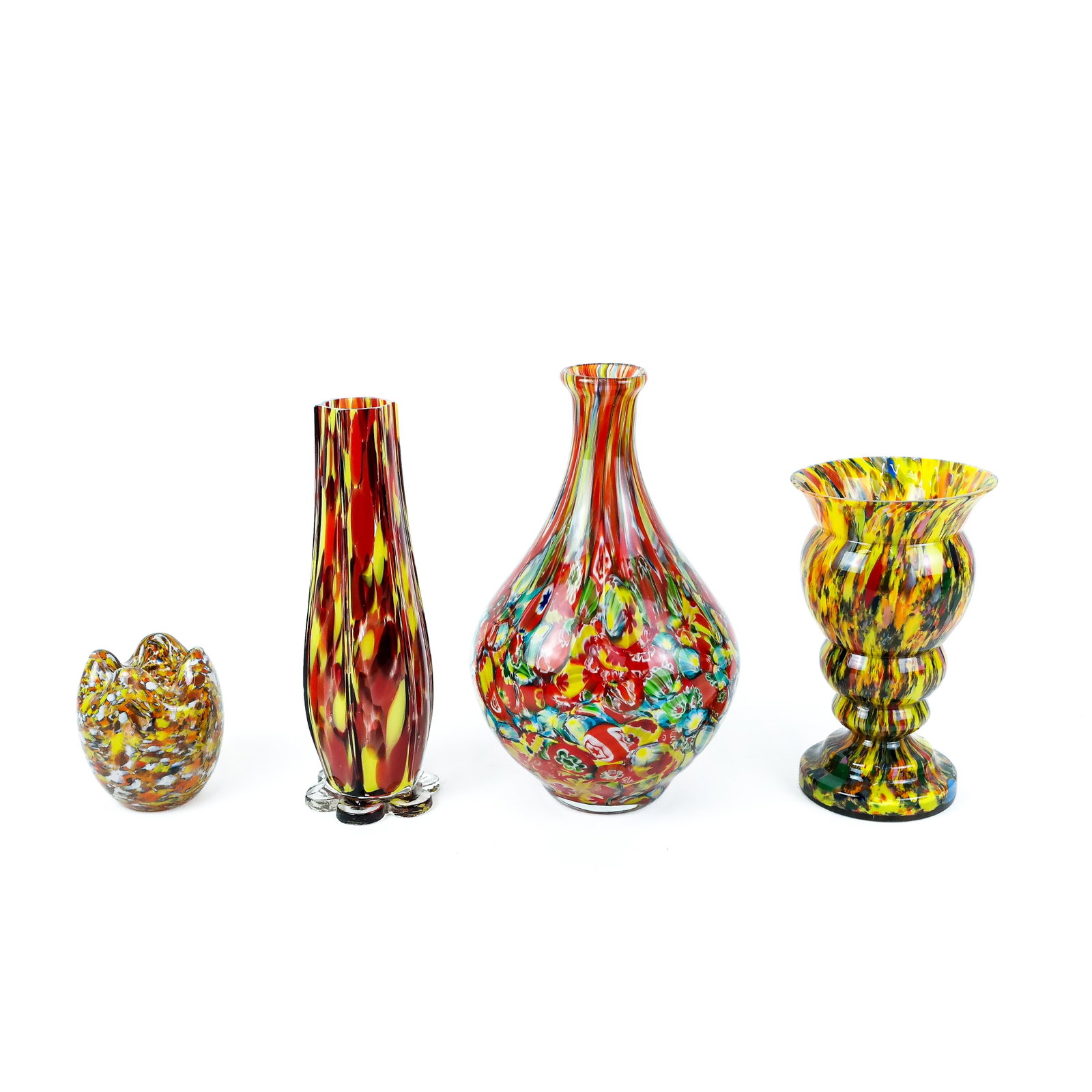 Vintage Art Glass Vessels (4): Four vintage art glass vases, mid-20th century, most probably Clichy French or Murano Italian with confetti splatter murine (murrina) details on brown and yellow ground, unsigned. [Largest: 10 3/4" H 
