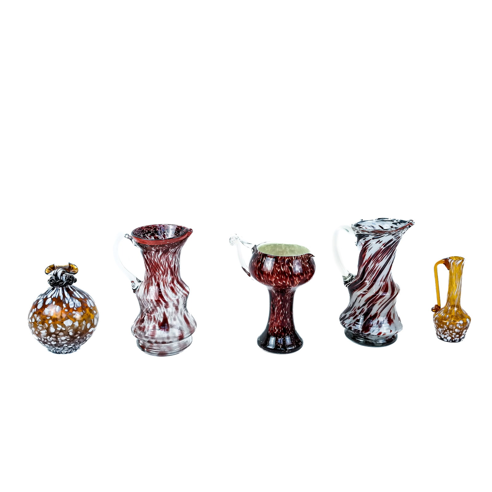 Vintage Art Glass Vessels (5): Five vintage art glass pitchers and vases, mid-20th century, most probably Clichy French or Murano Italian with confetti splatter murine (murrina) details on white and brown ground, unsigned. [Largest