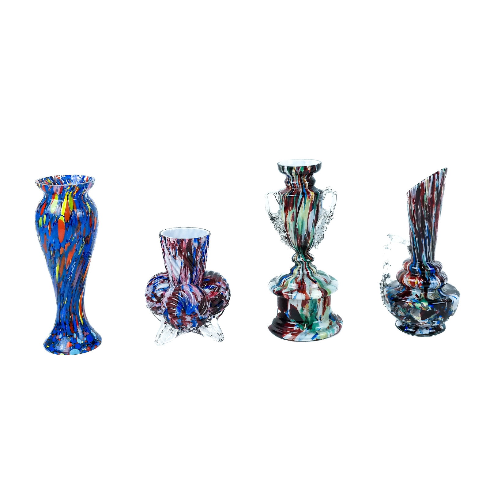 Vintage Art Glass Vessels (4): Four vintage art glass vases, mid-20th century, most probably Clichy French or Murano Italian with confetti splatter murine (murrina) details on blue and purple ground, unsigned. [Largest: 7 1/4" H x 