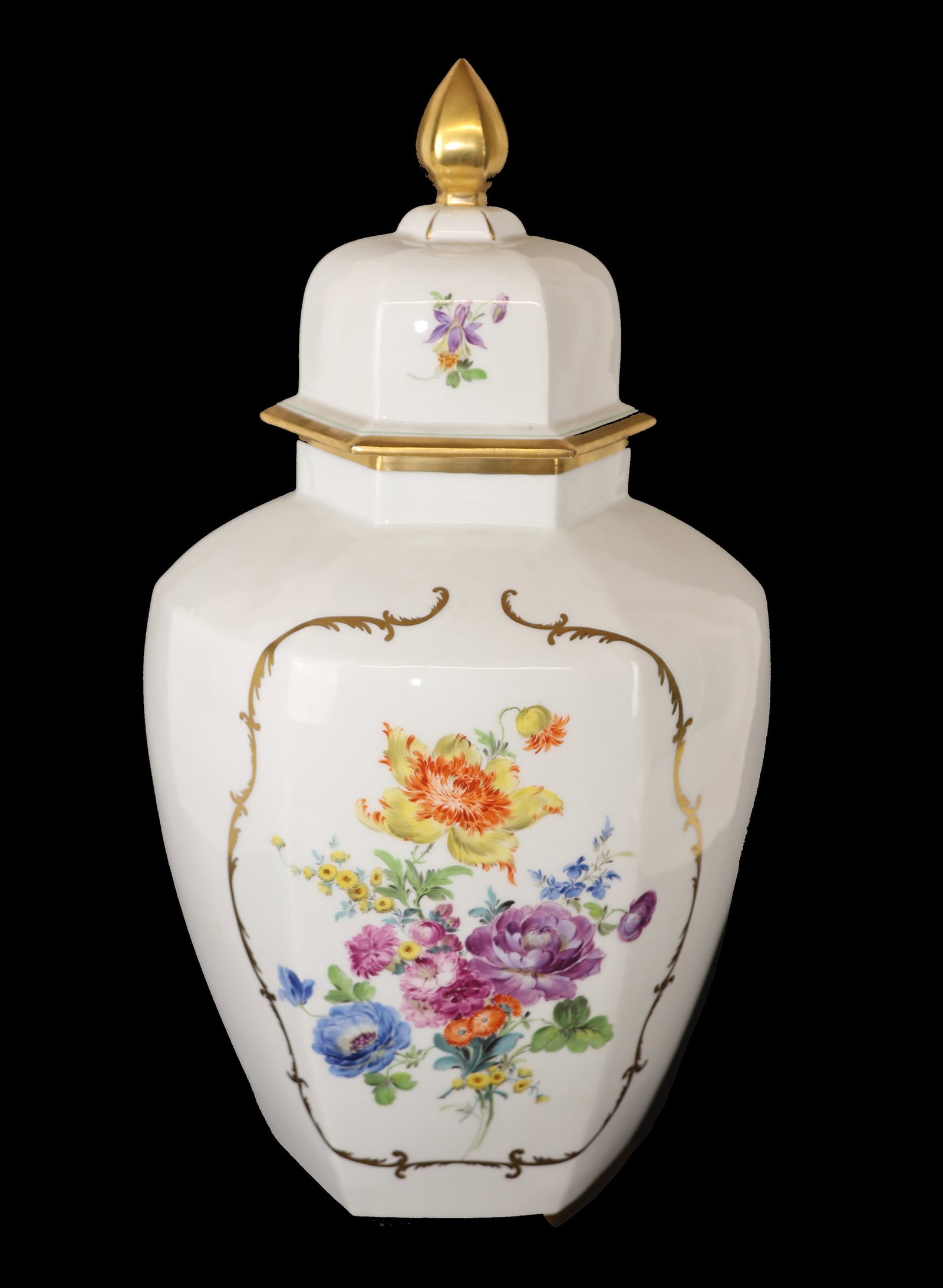 Meissen Porcelain Floral Decorated Jar & Lid: German hexagonal floral decorated and white ground jar with a cover. [Overall: 16 1/2" H; 12" H (without cover)].