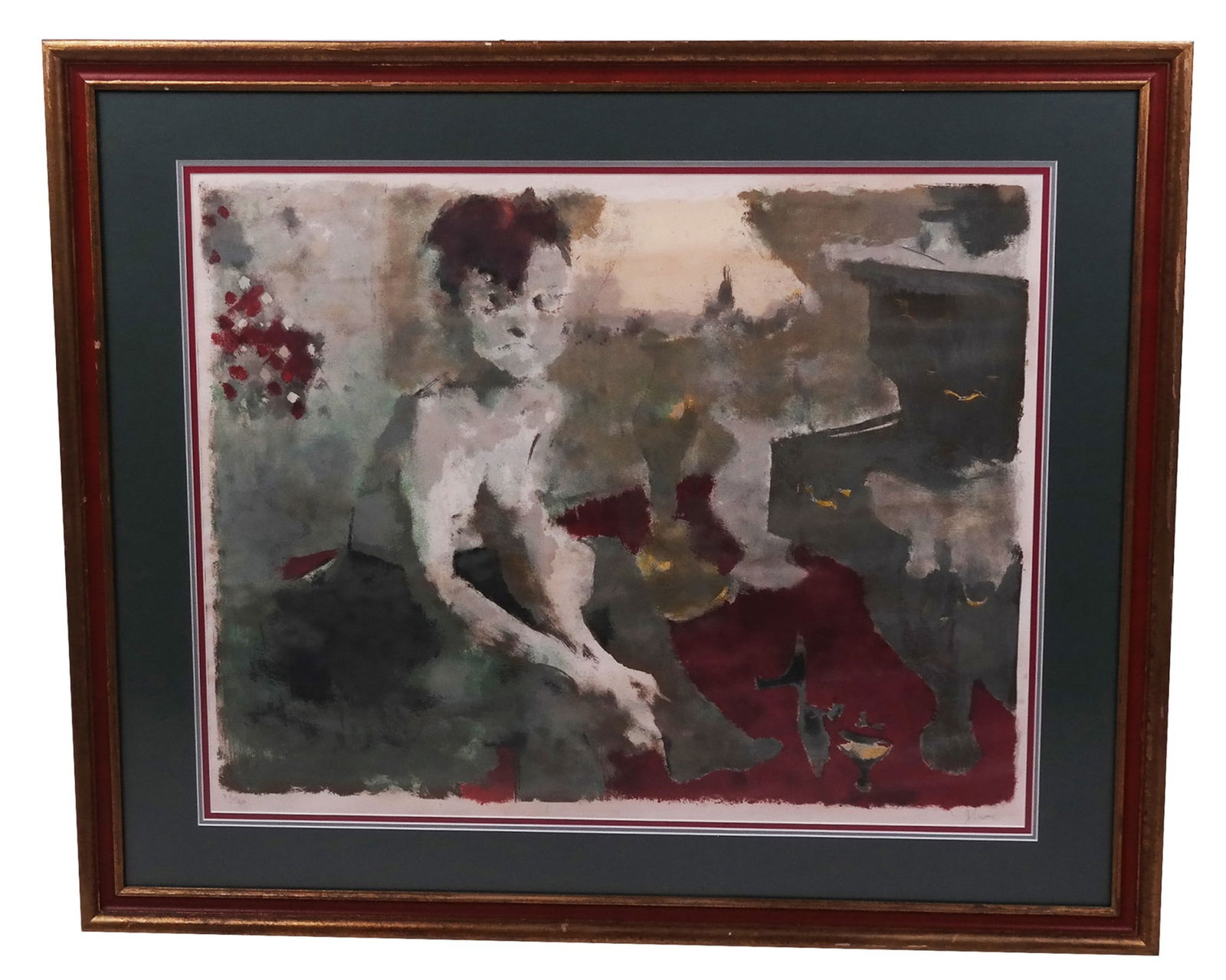 Jack LEVINE: "Blue Angel" - Lithograph: Jack Levine (American, 1915-2010) nicely framed and matted abstract lithograph depicting a seated boy titled "Blue Angel," pencil signed lower right "J. Levine" and numbered lower left, 33/120. [Sight