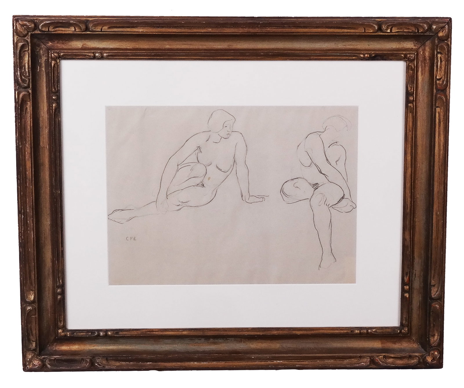 Signed Nude Study of Two Figures: Framed impressionist style nude study depicting two figures in seated poses, initaled lower left "CFE". [Sight: 10 1/2" H x 14 1/2" W; Frame: 20" H x 25" W]. Work with small stain to center.